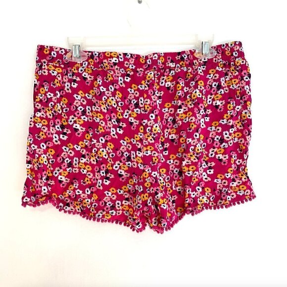 A.N.A Magenta Pink Blue Mustard Floral Pull On Drawstring Pom Pom Trim Shorts L - Picture 10 of 11